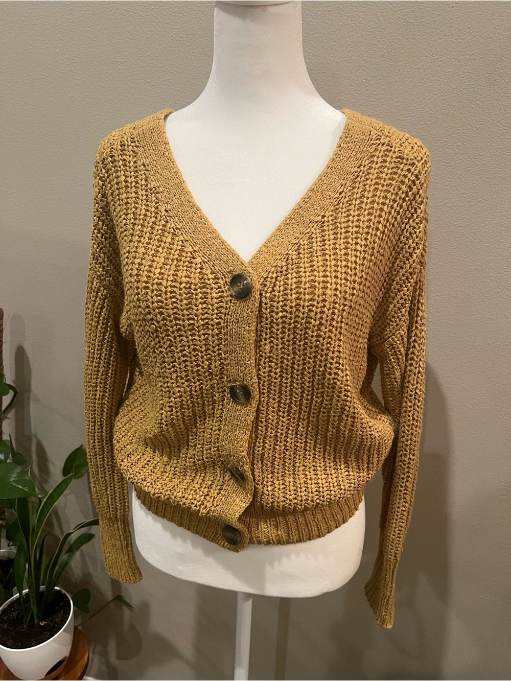 moon & madison Chunky Mustard Button-Up V-Neck Cardigan